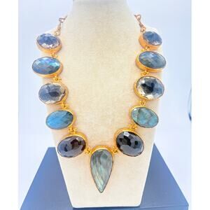 Artisan Faceted Labradorite & Smoky Quartz Necklace, Gold‑Tone Brass Statement